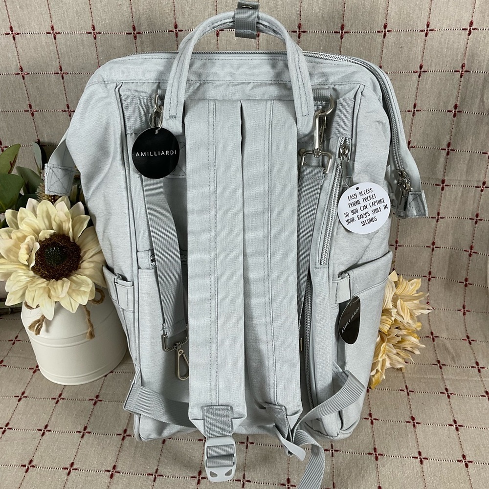Amilliardi Backpack Gray Diaper Bag Lots of Pockets Insulated Stroller Strap New - Picture 5 of 12